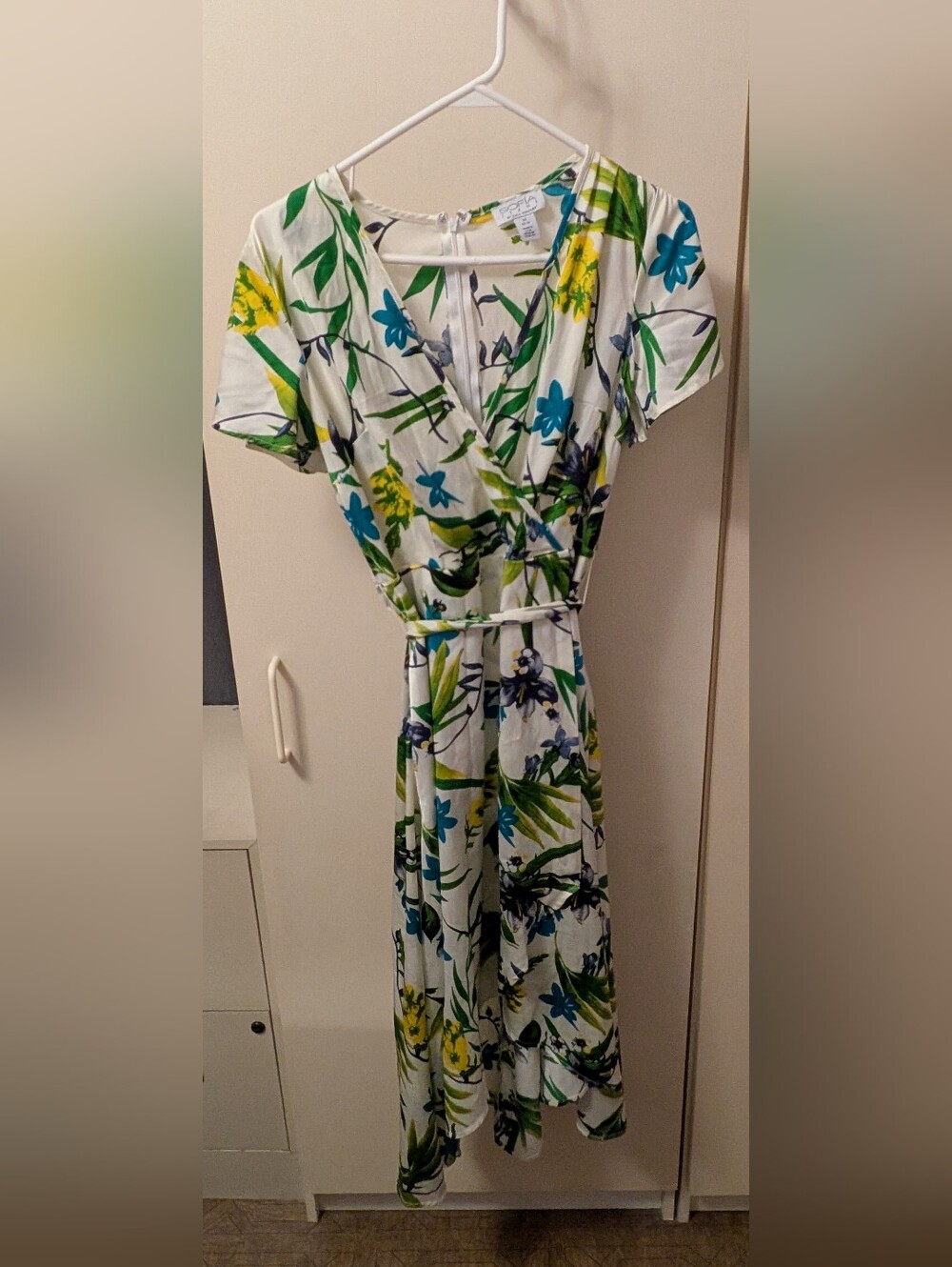 Print Wrap Midi Dress - White with Green & Blue Floral